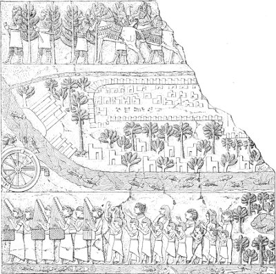 Fig. 157.—Plan and elevation of a fortified city; from
Layard.