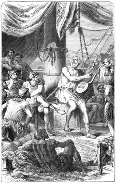 Illustration : Homéros chante les exploits des guerriers et des rois.